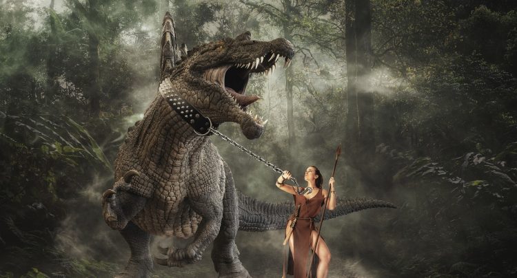 女性 恐竜 チェーン ペット ジャングル 作曲 シュール ファンタジー 女戦士 槍